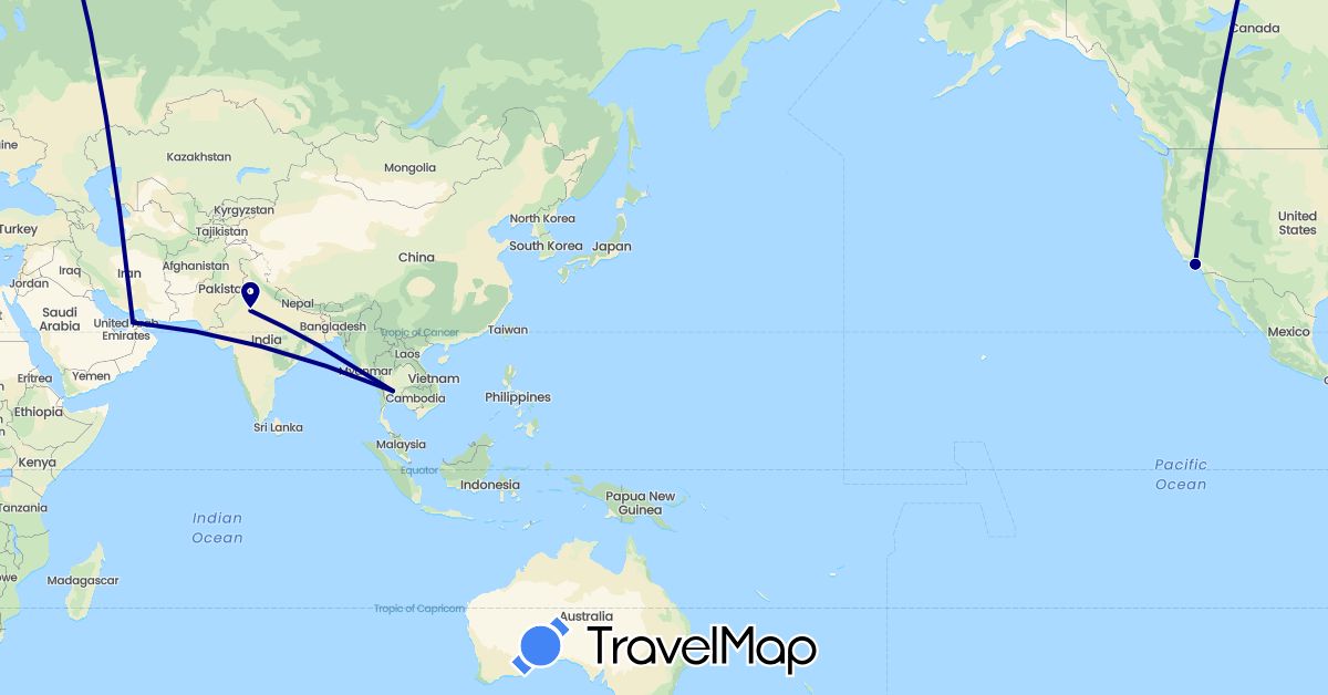 TravelMap itinerary: driving in United Arab Emirates, India, Thailand, United States (Asia, North America)